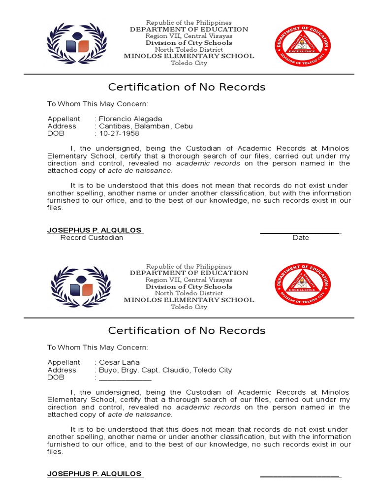 Certification of No Records