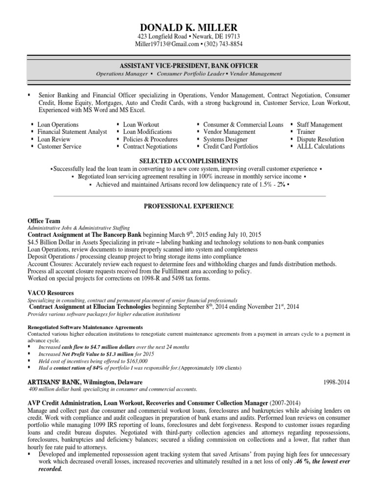 Loan Operations Manager In Philadelphia PA Resume Donald Miller 