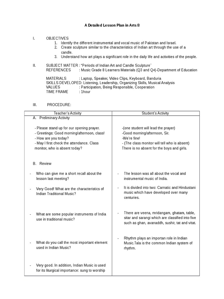 A Detailed Lesson Plan In Music 8 Pakistan And Israel Music Sound Entertainment