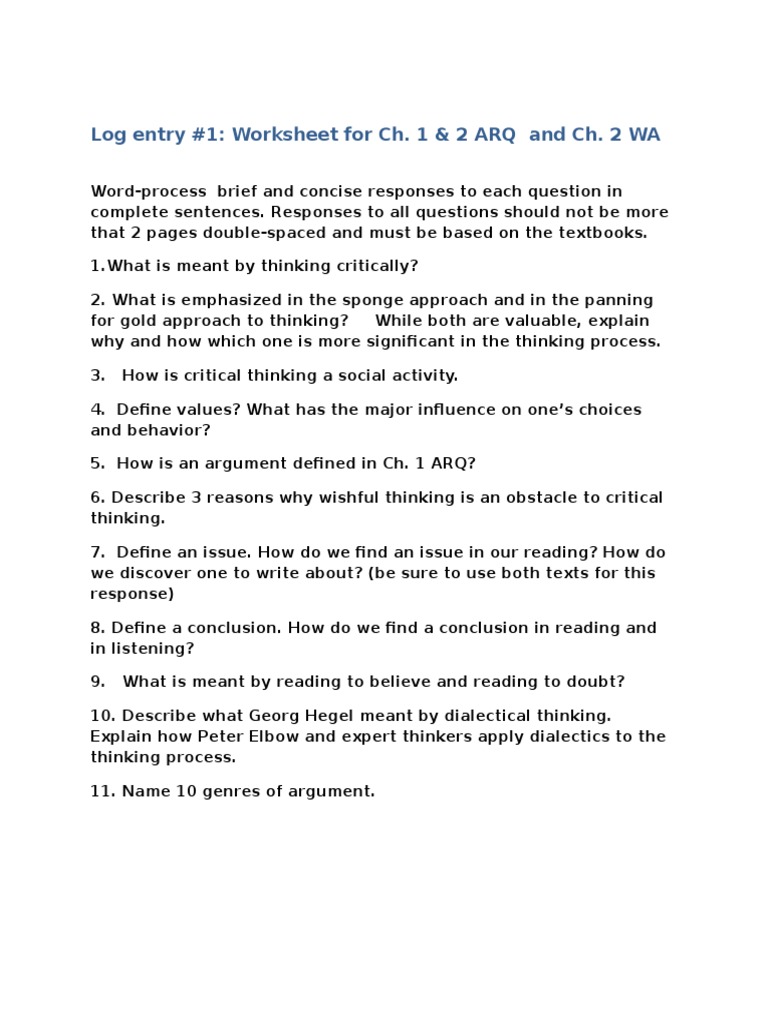 Critical Thinking Worksheet for Chapters 1 & 2 | PDF