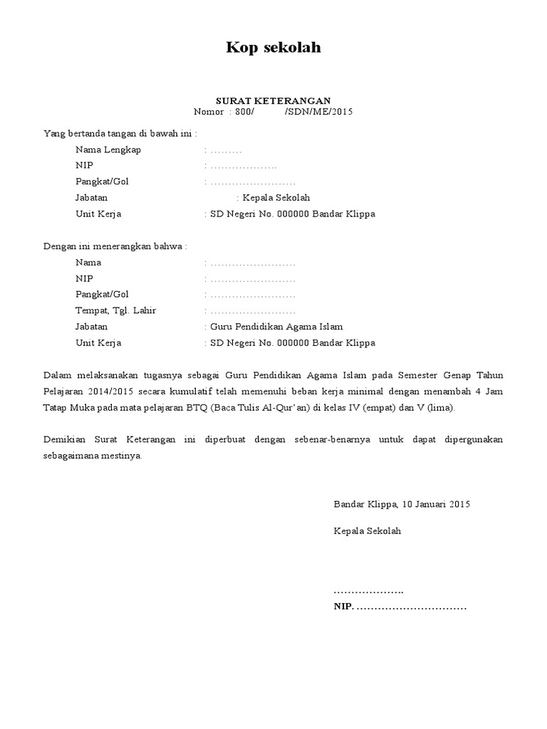Contoh Surat Keterangan Mengajar Btq