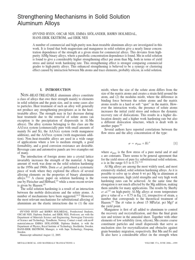 Strengthening Mechanisms in Solid Solution Aluminum Alloys | PDF ...