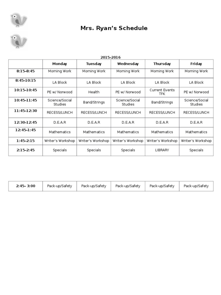 Mrs. Ryan's Weekly Class Schedule | PDF | Language Arts & Discipline