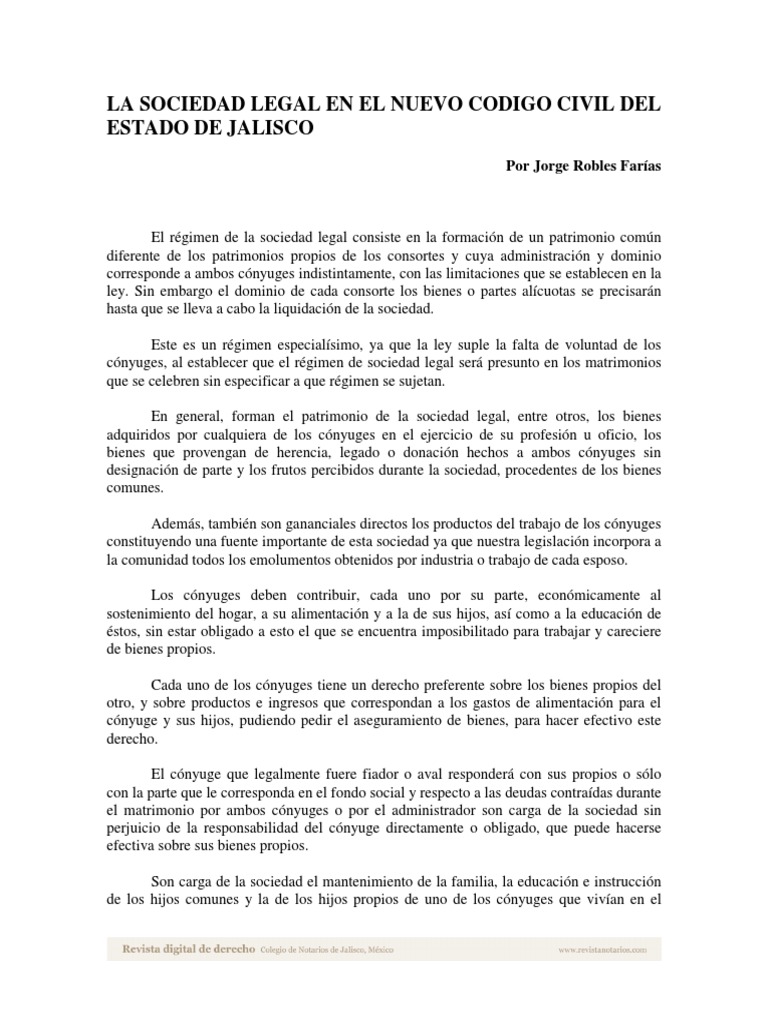 La Sociedad Legal en El Nuevo Codigo Civil Del Estado de