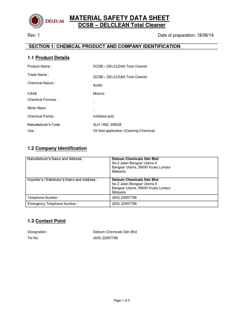 DelClean Total Cleaner MSDS PDF Toxicity Chemical Substances
