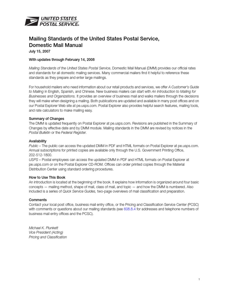 Domestic Mail Manual United States Postal Service Mail