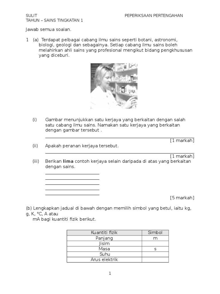 Soalan peperiksaan pertengahan tahun Sains tingkatan 1