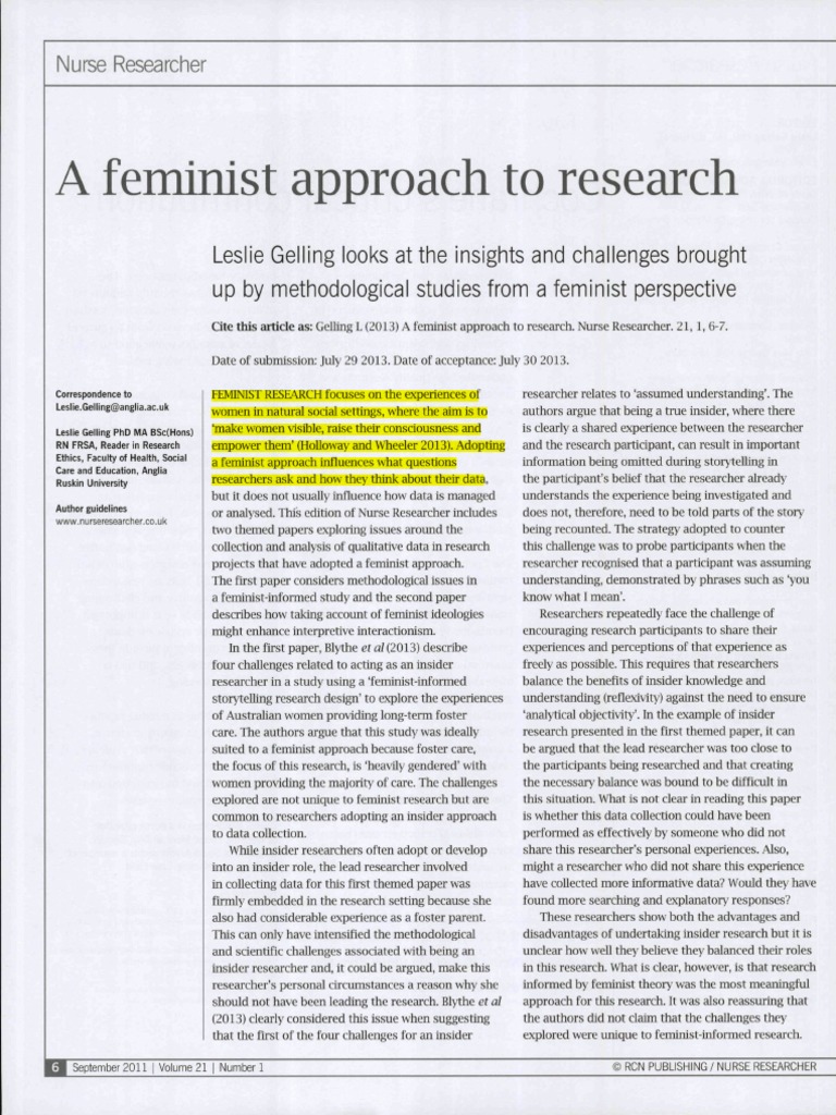 A Feminist Approach to Research Feminist Theory Feminism