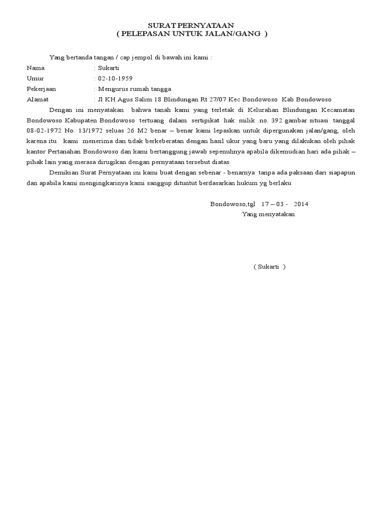 Surat Pernyataan Pelepasan Jalan Dan Kurang Luas Pdf