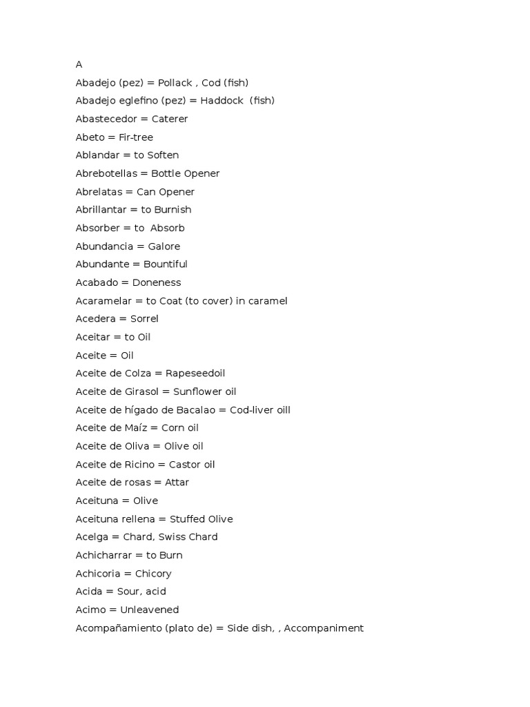 Diccionario Gastronómico Español Inglés PDF Steak Sausage