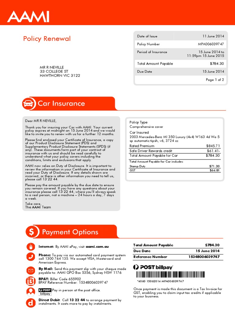 AAMI Car Renewal Account MPA006039747 | PDF | Payments | Insurance