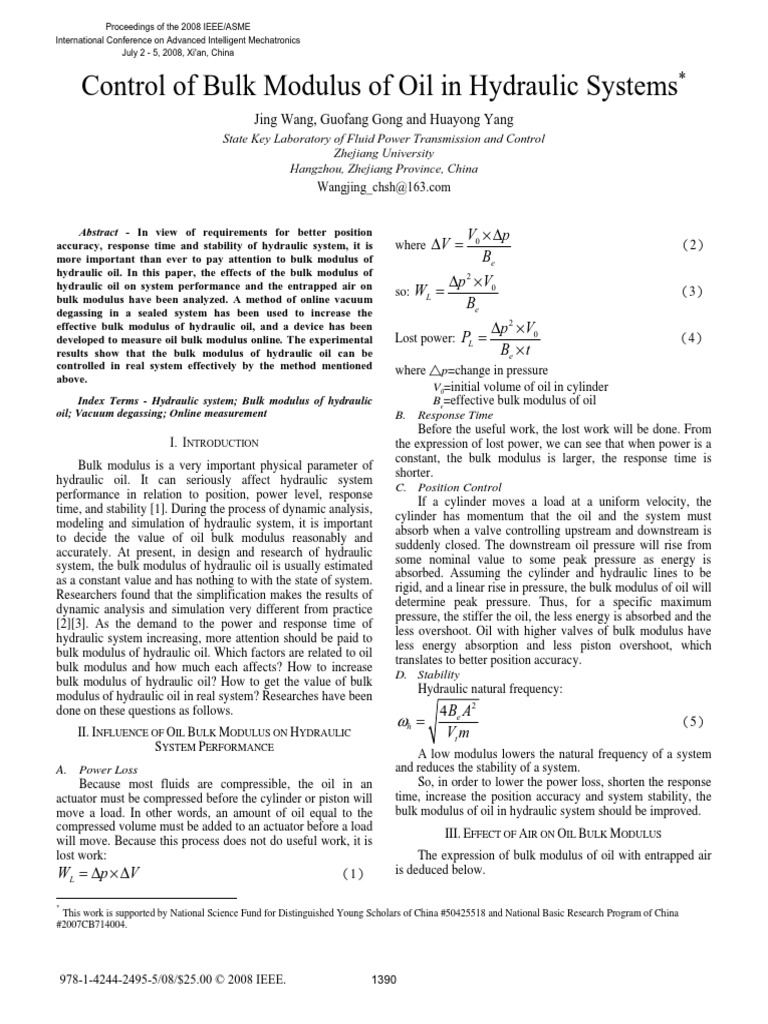 Control of Bulk Modulus of Oil in Hydraulic Systems PDF Vacuum
