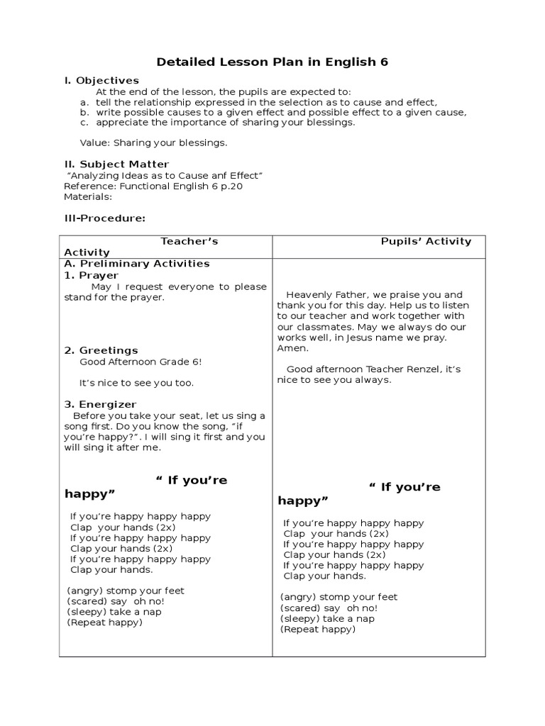 Lesson Plan on Cause and Effect | PDF | Causality | Prayer