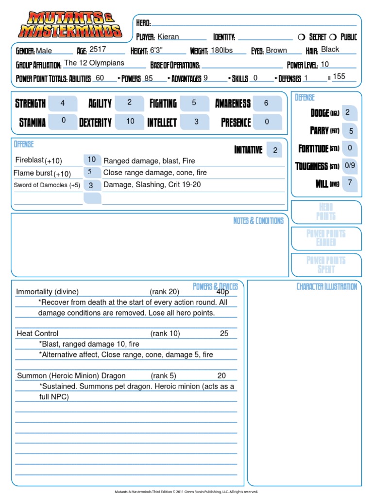 Mutants And Masterminds 3rd Edition Character Sheet Form Fillable ...