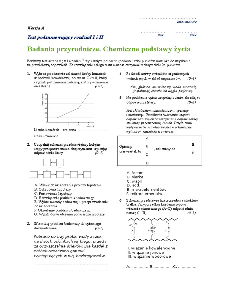 Test Sprawdzajacy Chemiczne Podstawy Zycia Biologia Na Czasie 1 Odpowiedzi biol1,2