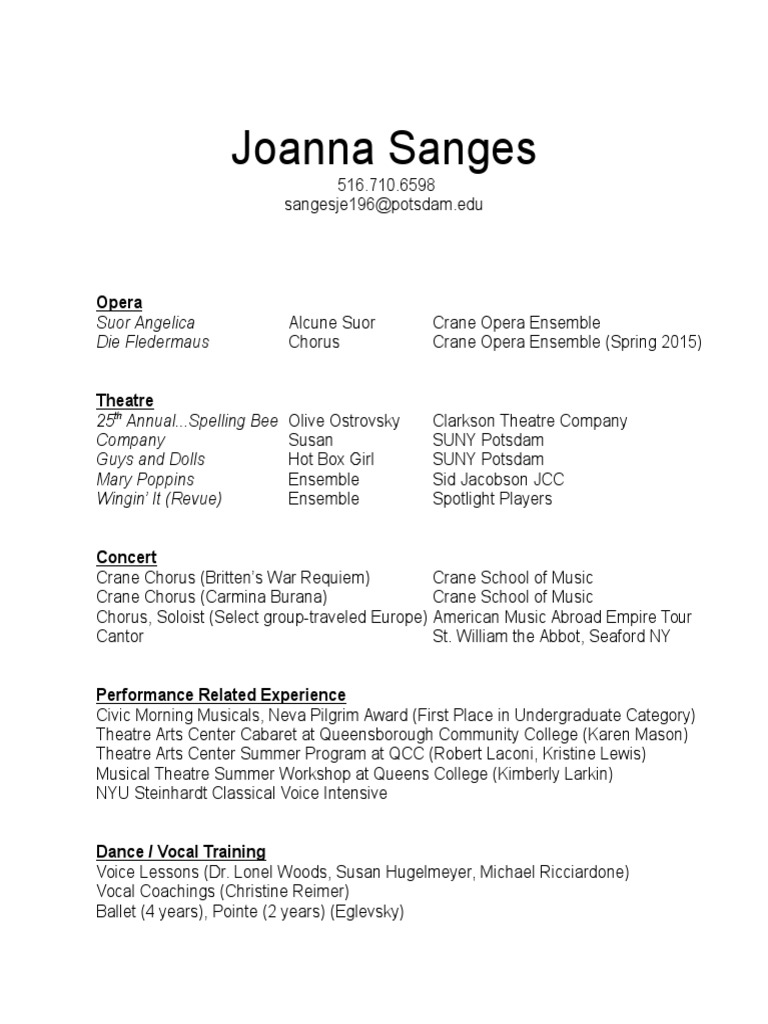 Joanna Sanges: Opera and Theatre Resume | PDF | Art | Poetry