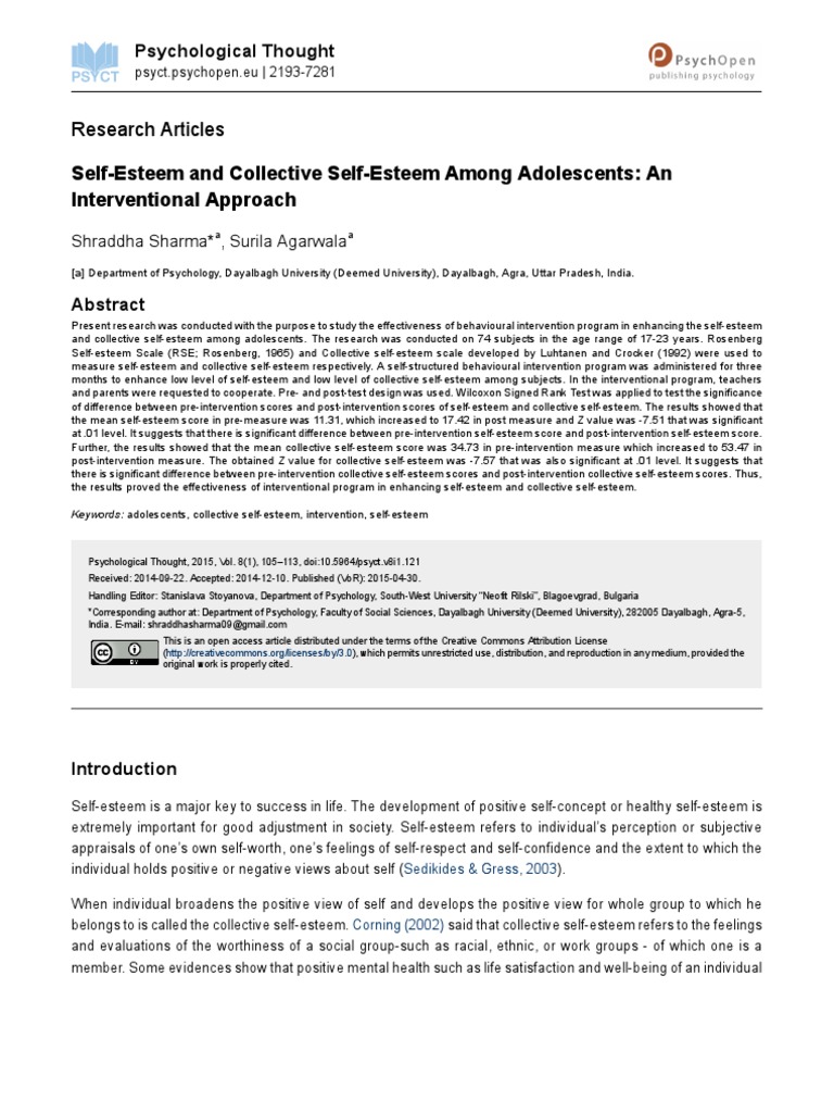 Selfesteem And Collective Selfesteem Among Adolescents Pdf Self