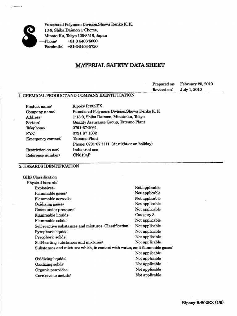 Ripoxy R'802EX Safety Data Sheet | PDF | Toxicity | Respiratory System