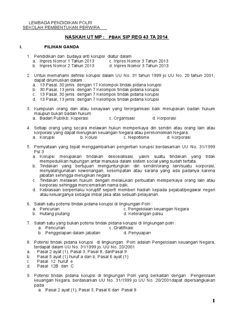 Soal Pilihan Ganda Hukum Pidana Guru Paud