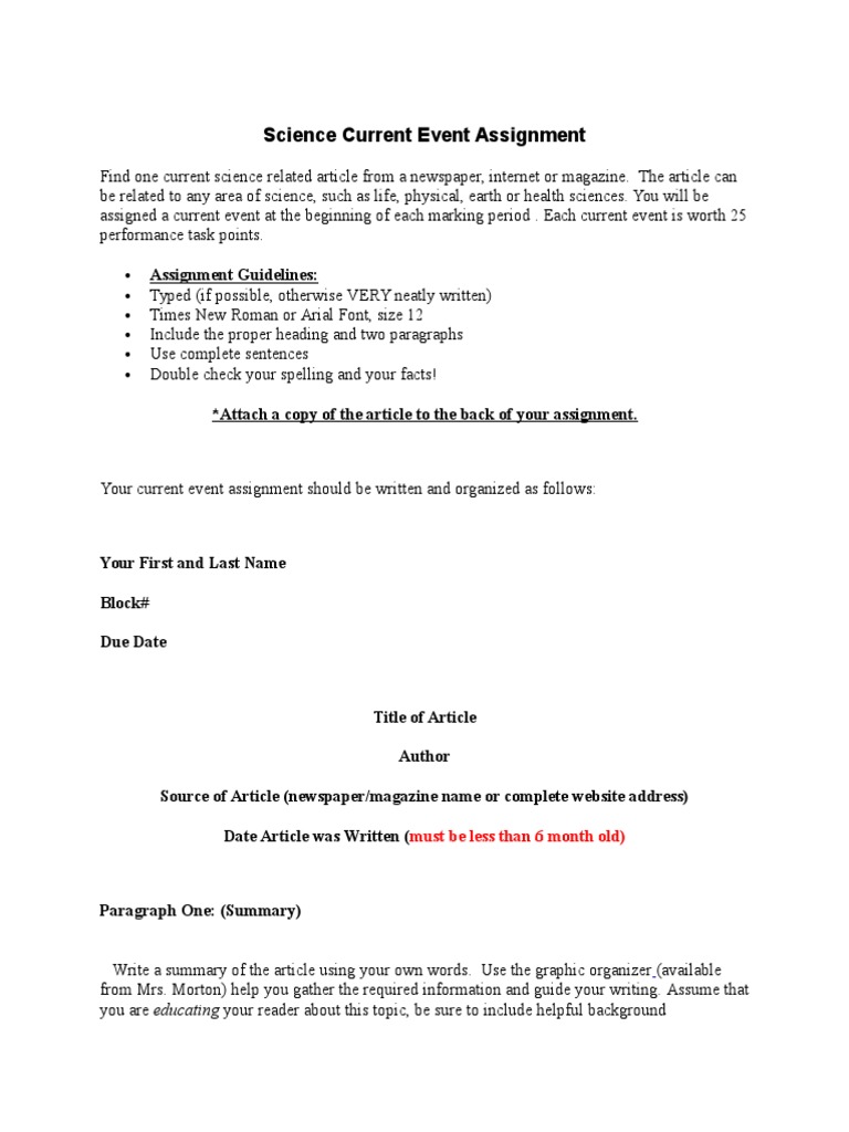Science Current Event Assignment PDF Vocabulary Newspapers