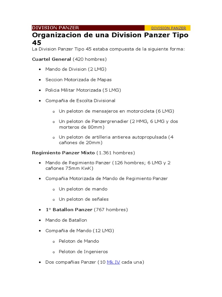 Organizacion de Una Division Panzer Tipo 45 PDF Vehículos de