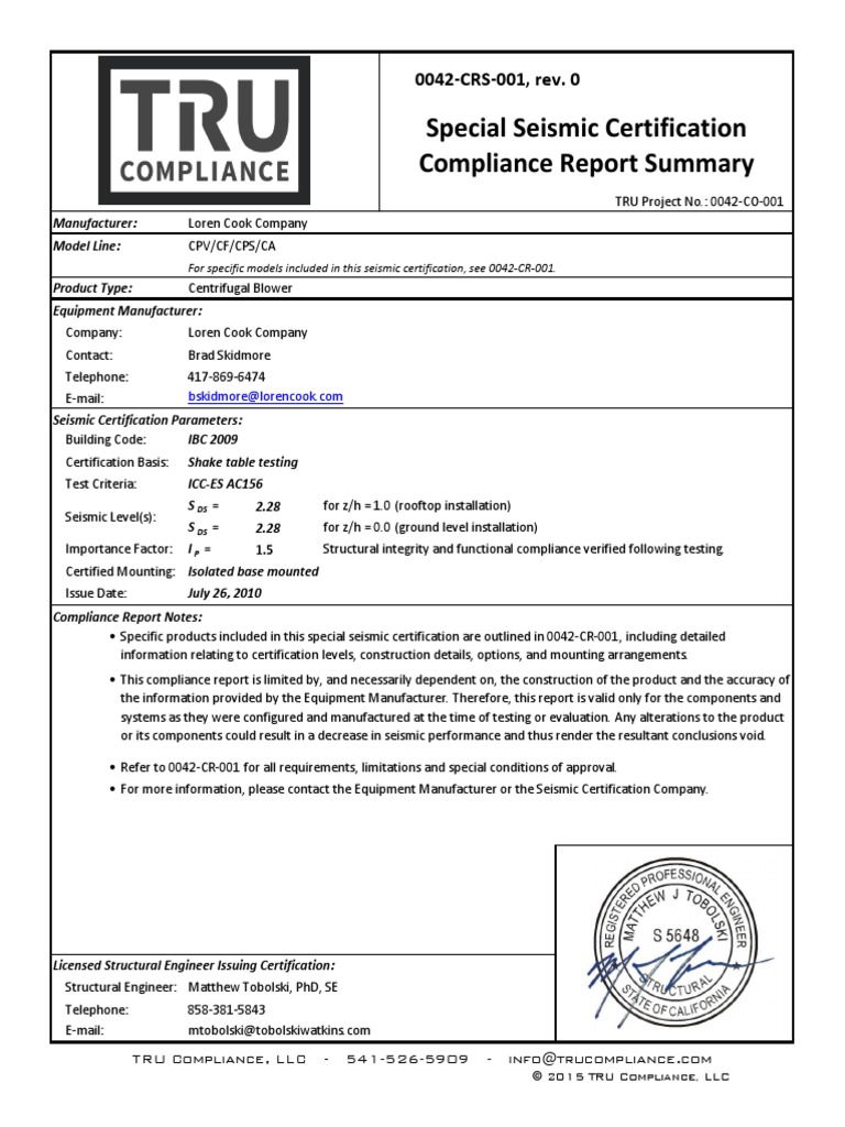 Special Seismic Certification Compliance Report Summary: 0042-CRS-001 ...