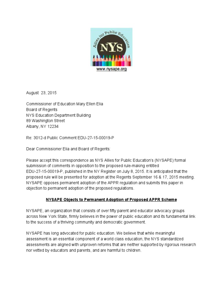 NYSAPE Objects To Permanent Adoption of APPR - Public Comment August ...