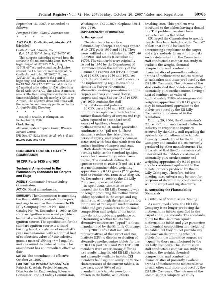 Rule Flammable Fabrics Act Carpets and Rugs Flammability Standards