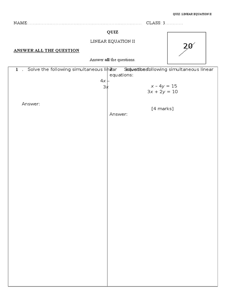 Linear Equation Quiz for Class 3 | PDF