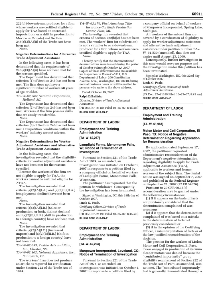 Notice Adjustment Assistance Applications, Determinations, Etc. Molon