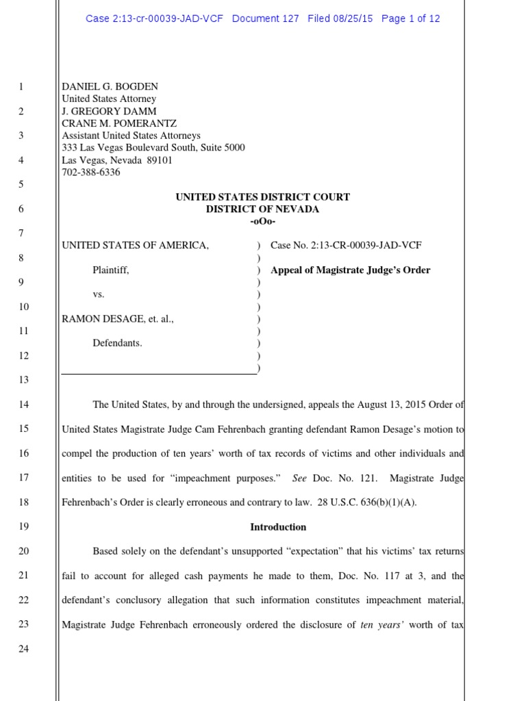 US Objection to Order Allowing Tax Returns Discovery (Law) Witness