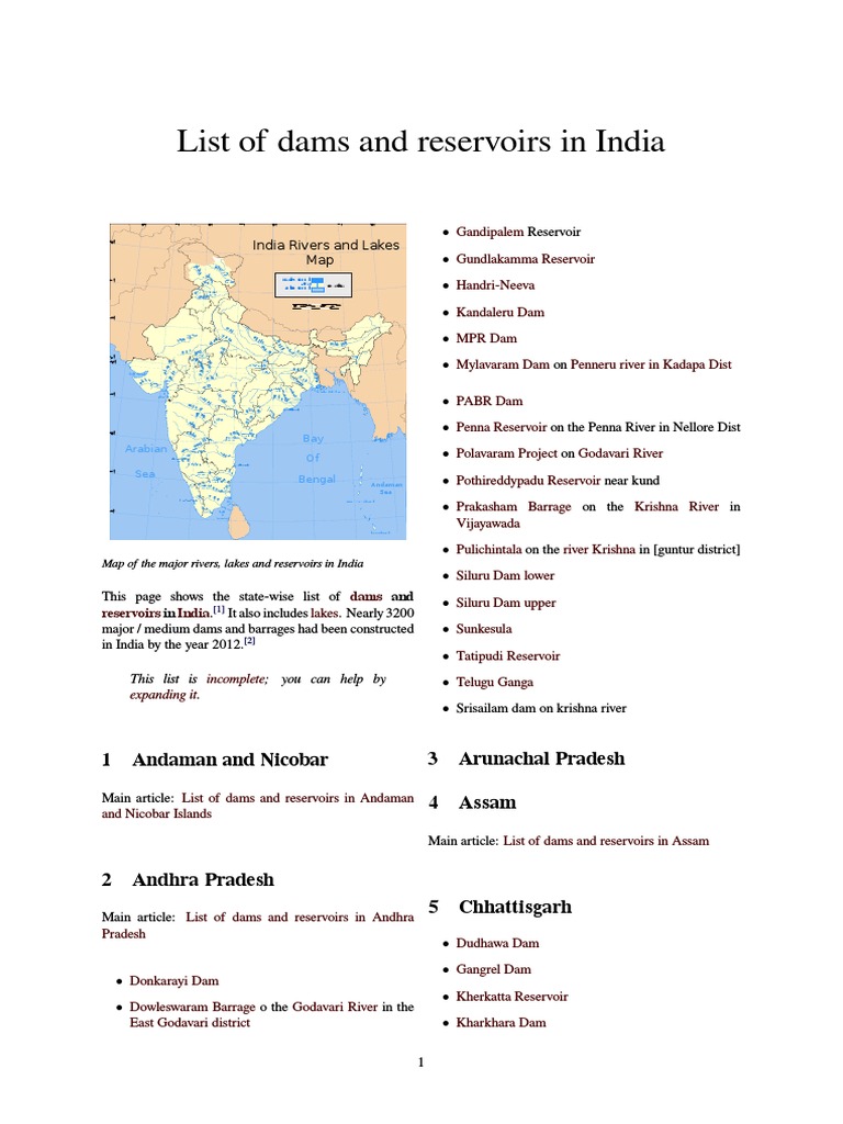 List of Dams and Reservoirs in India 1 Andaman and Nicobar 3 Arunachal