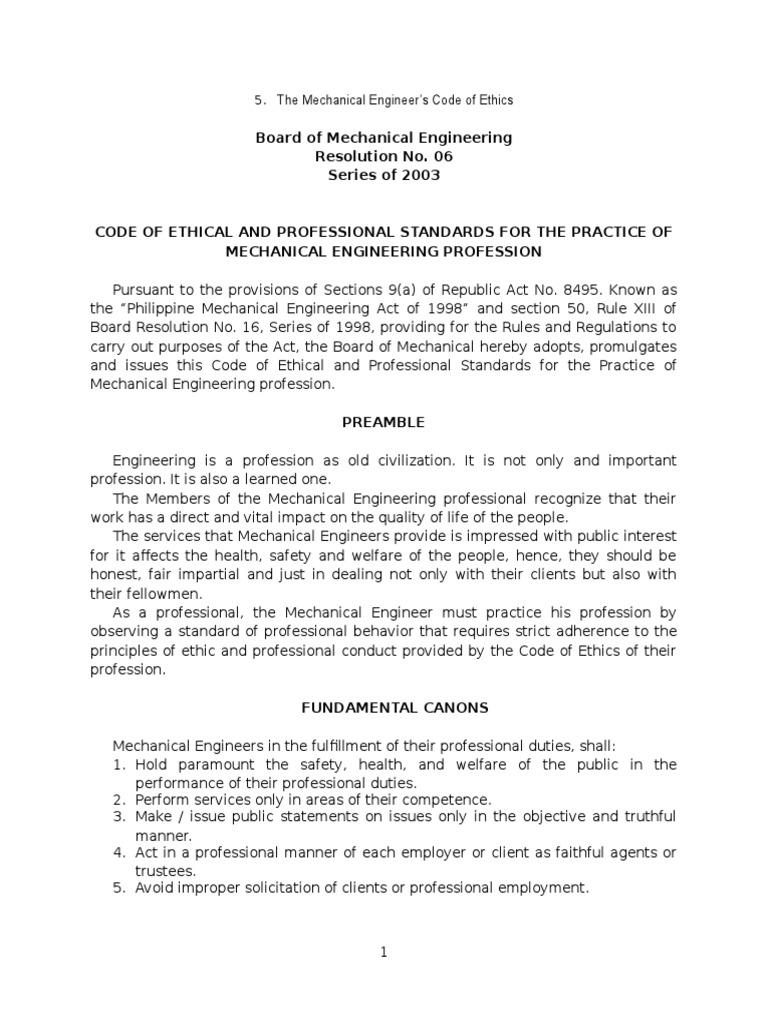 5.0 the Mechanical Engineer’s Code of Ethics (1) Profession Engineer