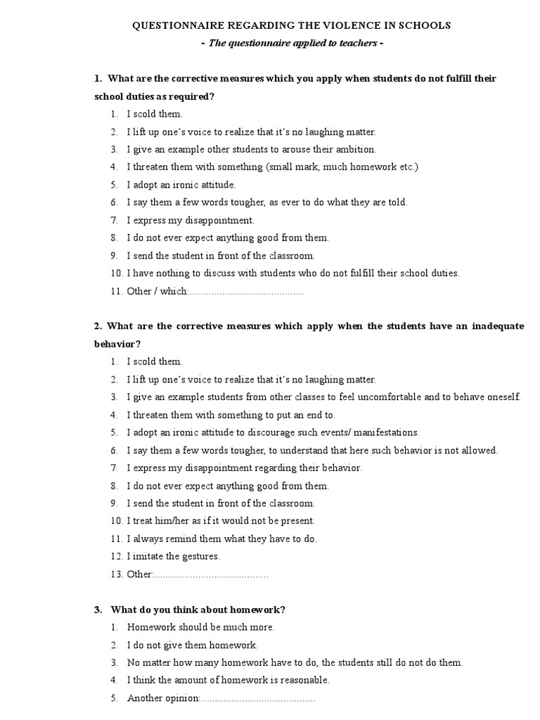 Questionnaire Regarding the Violence in Schools Final Violence