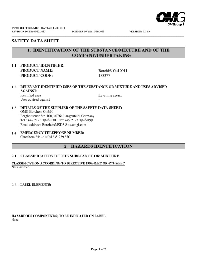 Safety Data Sheet 1. Identification Of The Substance/Mixture And Of The