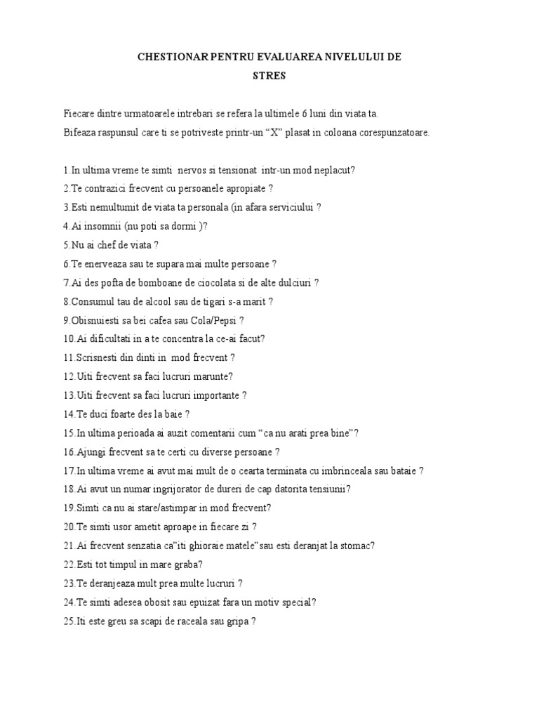 Chestionar Pentru Evaluarea Nivelului De