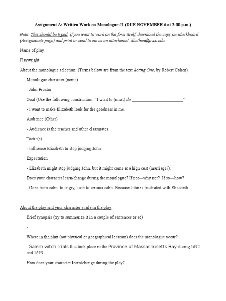 Assignment A: Written Work On Monologue #1 (DUE NOVEMBER 6 at 2:00 P.M ...