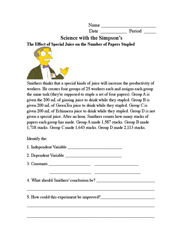 Simpsons Experimental Design  PDF  Bart Simpson  Experiment With Regard To Simpsons Variables Worksheet Answers