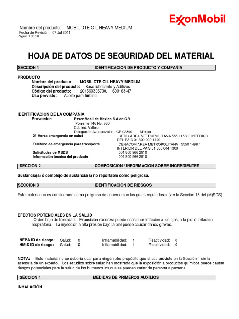 Msds Mobil Dte Oil Heavy Medium Sistema respiratorio Contaminación