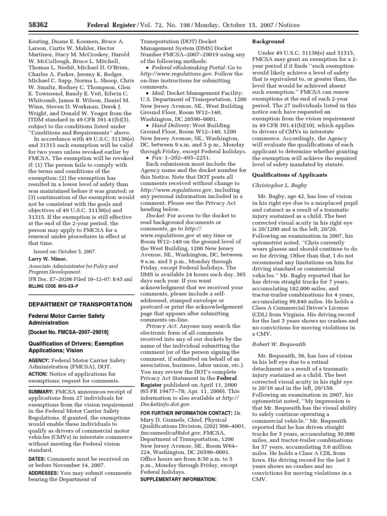 Notice Motor Carrier Safety Standards Driver Qualifications Vision