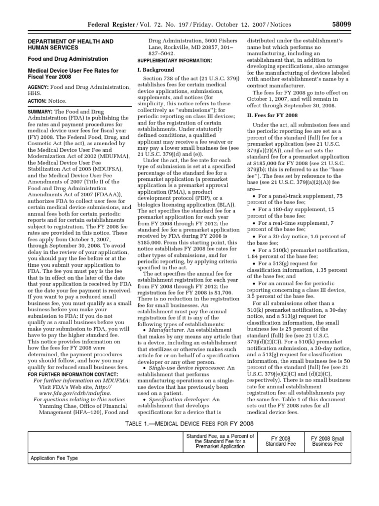 FY 2008 Medical Device User Fees | PDF | Federal Food | Food And Drug ...