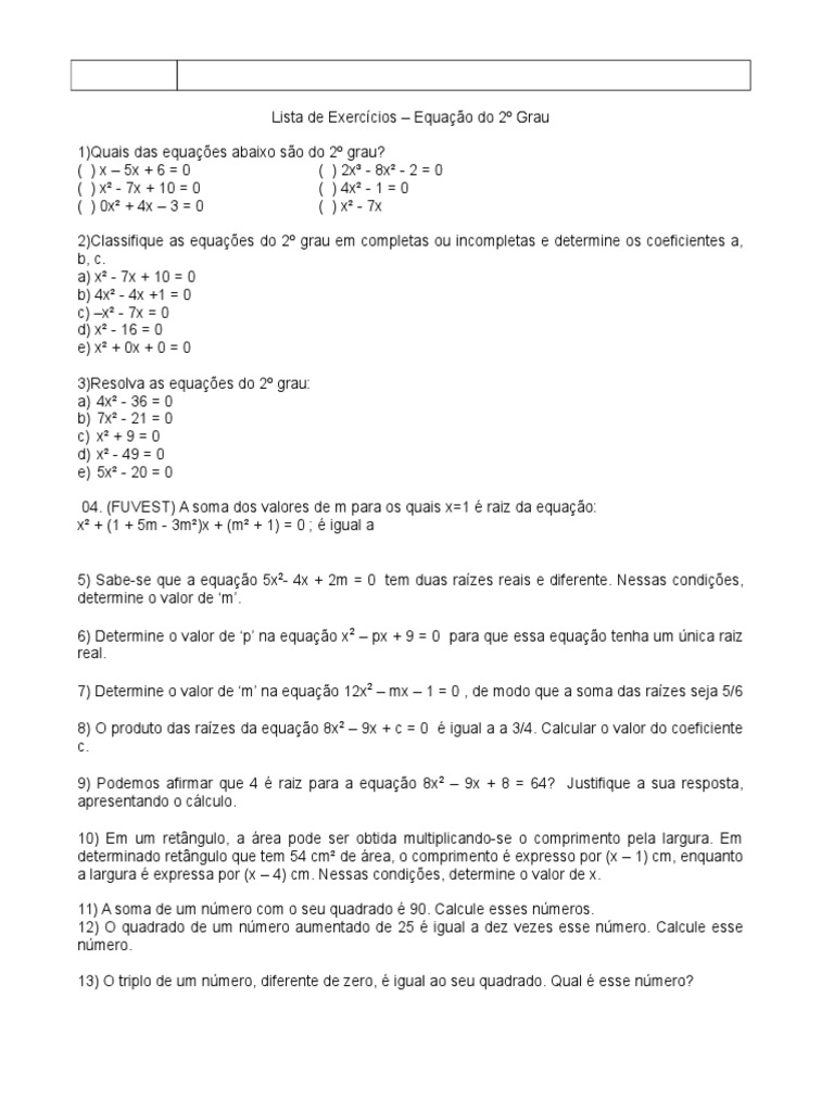 Questões de Concurso de Matemática sobre Equação do 2º grau com gabarito (II )