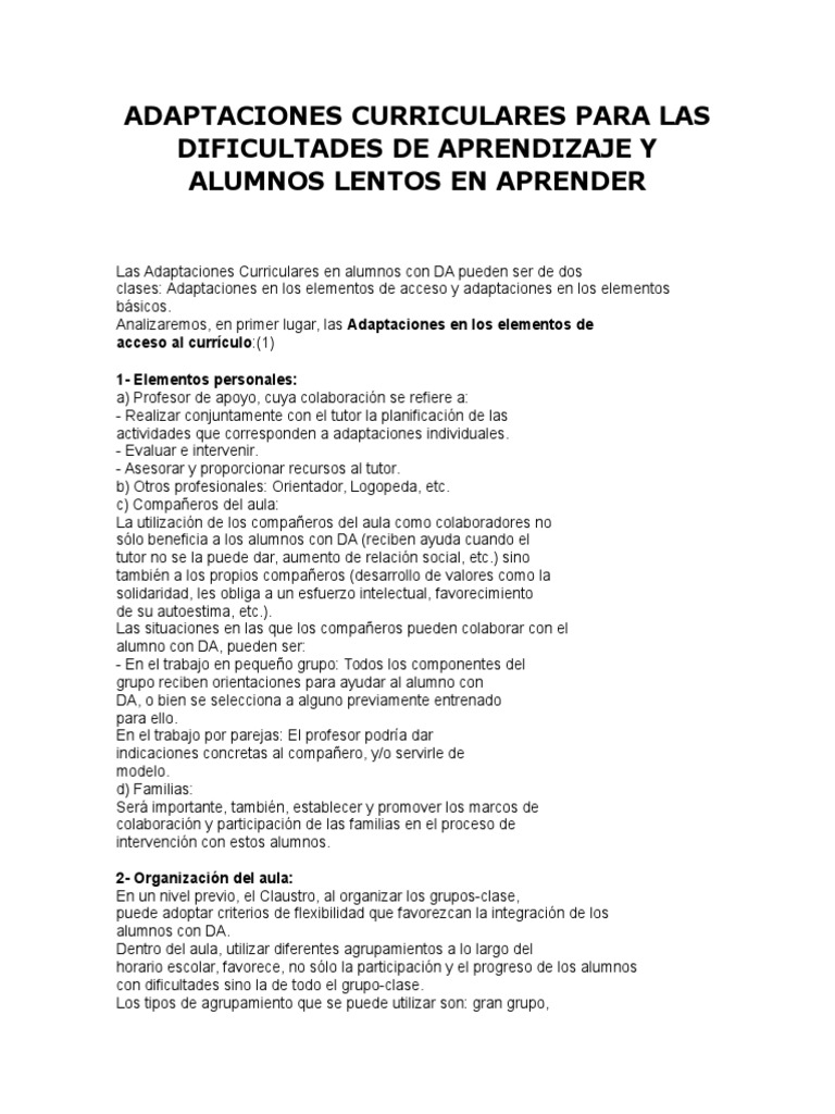 Adaptaciones Curriculares para Las Dificultades de Aprendizaje y Alumnos Lentos en Aprender
