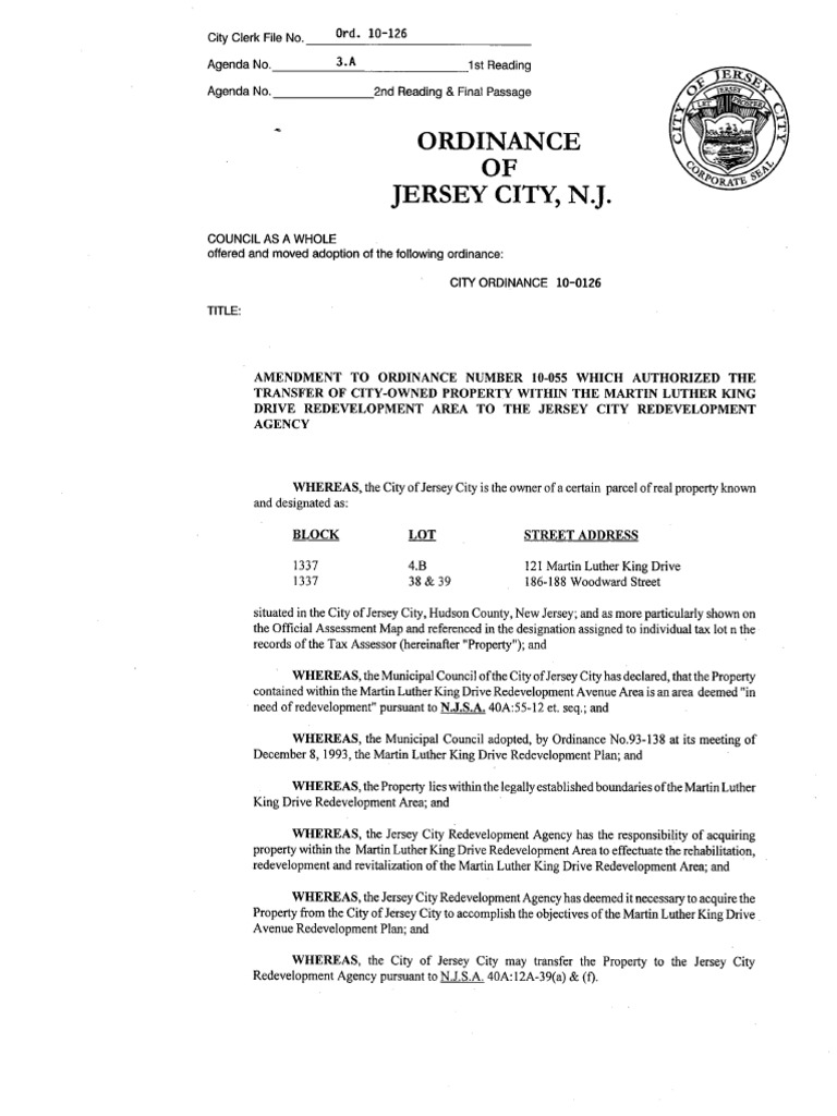 Jersey City Ordinance 10127 Codification (Law) Redevelopment