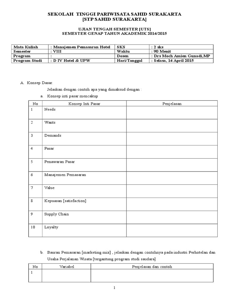 Soal Uts Manajemen Pemasaran Hotel Stp 2015
