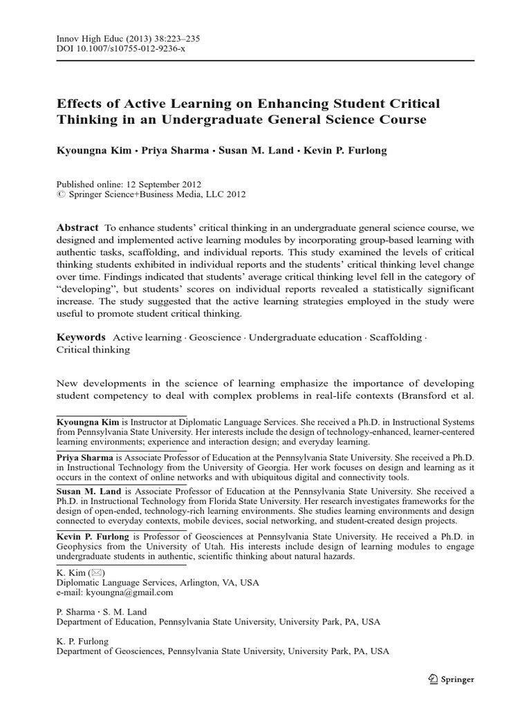 Effects of Active Learning On Enhancing Student Critical Thinking in An ...
