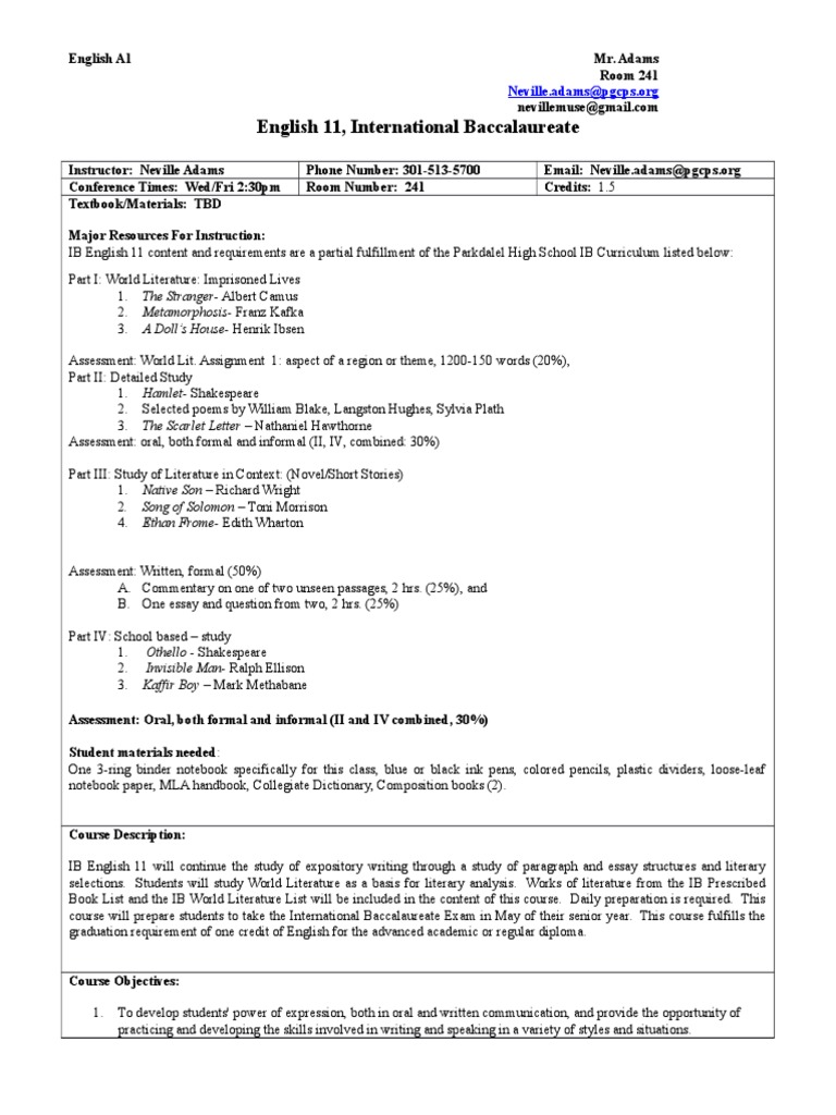 IB English 11 Course Overview | PDF | Homework | English Studies