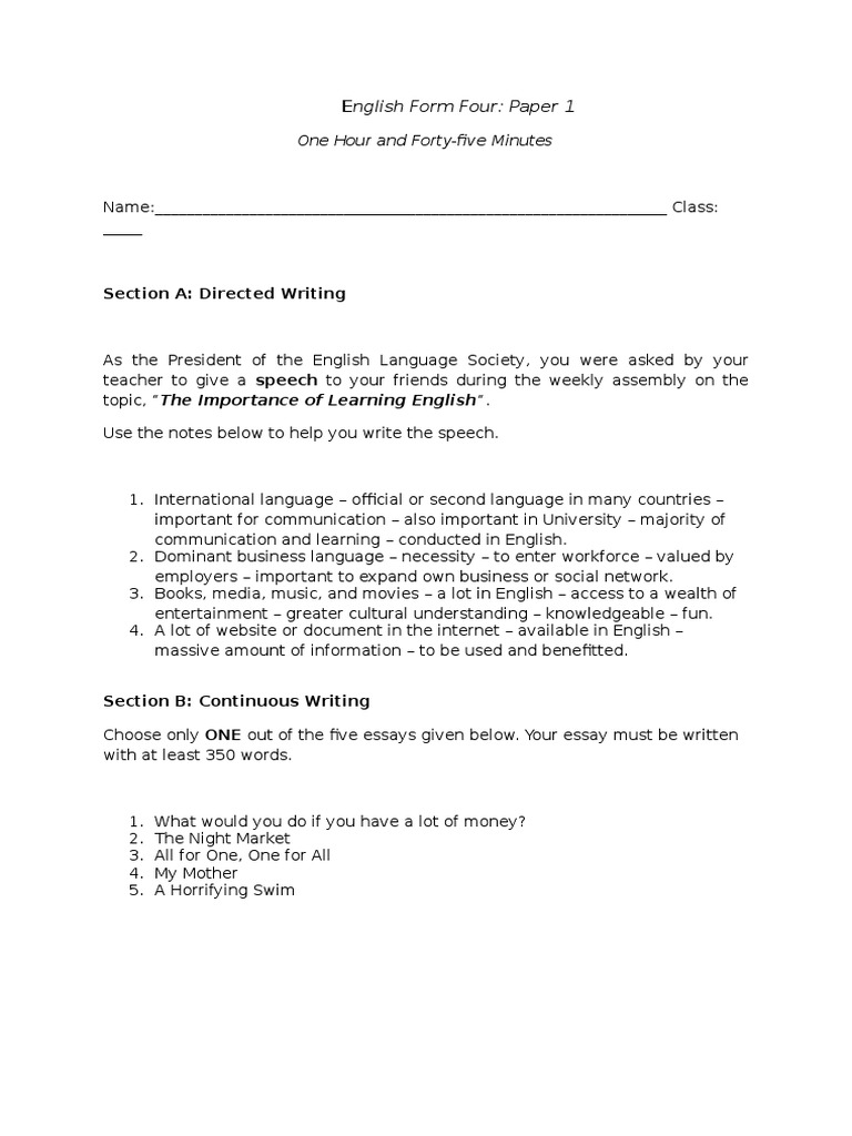 English Form Four: Paper 1: Section A: Directed Writing | PDF | Career ...