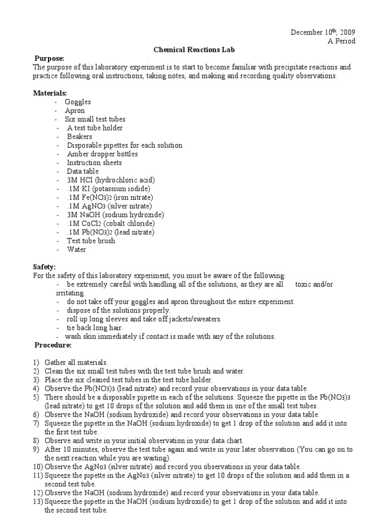 SFMS 8th Grade Chemistry Unit Laboratory Report Ex 01