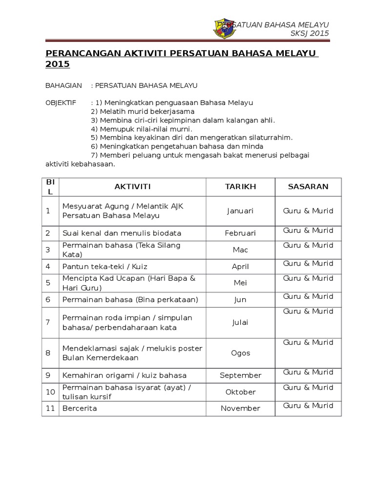 Perancangan Aktiviti Persatuan Bahasa Melayu 2015